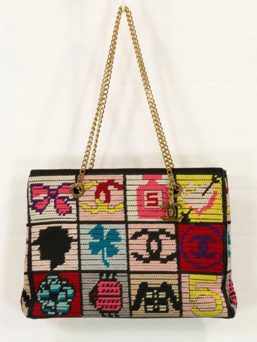CHANEL Precious Symbols Needlepoint Shoulder Tote Bag Vintage